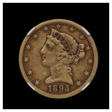 1893 CC $5 GOLD Half Eagle NGC VF 30