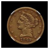 1845 $5 GOLD Liberty Half Eagle NGC VF-25