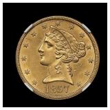 1857 $5 Liberty Half Eagle Gold NGC UNC RARE