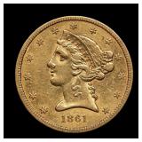 1861 $5 Liberty Half Eagle Gold AU Nice Civil War