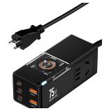 75W GaN3 Wall Charger with 3 US Outlets + USB-C/US