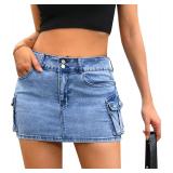 (SZ L)Womens Cargo Denim Skirt Y2K Low Waist Mini