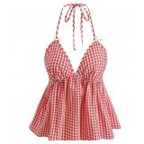 24-11B5 Women's Y2K Plaid Backless Halter...