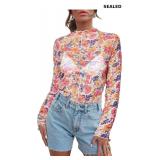 Women's Sheer Floral Long Sleeve Layering Top Ruff