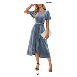 Women's Velvet V Neck Puff Sleeve Dress