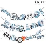 Set of 3 pre-strung blue race car themed banners