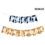 Pre-strung blue and orange birthday banner