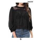 Womens Black Lace Inset Top Semi Sheer Blouse