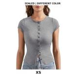 OMKAGI Women Button Down Ribbed Short Sleeve Shirt