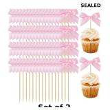 64 Pcs Pink Bow Cupcake Toppers x2