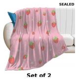 2x Cute Pink Strawberry Flannel Throw Blanket