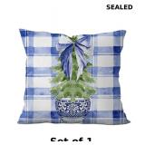Blue and White Plaid Chinoiserie Pillow Covers