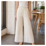 Cream Wide-Leg Pants with Lace Trim