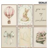 JJN 6pcs Vintage Nursery Wall Art Green Bunny Butt