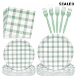 96 Pcs Sage Green Gingham Party Supplies