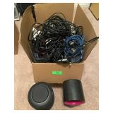 1 BOX FULL OF ASSORTED CABLES, ADAPTERS, A FAN ( N