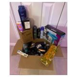 BOX OF NEW SHAMPOOS/TOILETRIES/HAIRDRYER