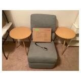 BLUE RECLINING CHAIR & 2 TABLES