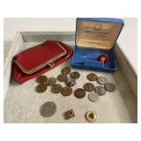 VNTG RED COIN PURSE, LINCOLN PENNIES, JADE TIE TAC