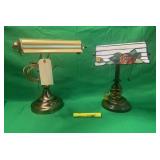 2 BANKERS  LAMPS ( 1 BRASS & 1 STAINED GLASS)