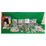 BOX LOT OF PATCHES, STICKERS, PINS, MAGNET COLLECT