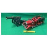 DECORATIVE TIN FIRE ENGINE & BRASS CANNON