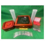 WOODEN COIN DISPLAY CASES WITH KEYS & MORE