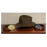 INDIANA JONES HAT & 2 BELTS WITH BUCKLES
