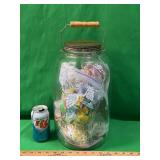 LARGE EMBOSSED MASON STORAGE JAR W/ WOOD HANDLE