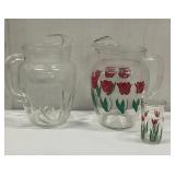 2 GLASS PITCHERS & 1 TULIP JUICE GLASS