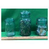 3 VNTG BLUE BALL JARS/ 1 JAR FULL OF MARBLES