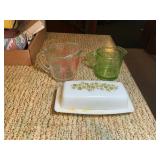 VINTAGE PYREX GREEN SPRING CRAZY DAISY BUTTER DISH WITH LID, GREEN DEPRESSION MEASURING CUP (GLOWS),