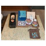 FLAT OF COLLECTIBLES TO INCLUDE CHIMAYO HAND WOVEN WOOL BAG, NATIVE AMERICAN POTTERY BOWLS, ADVERTIS