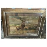 ANTIQUE FRAMED JOHN DEERE PLOW PICTURE WITH LARGE DEER AND JOHN DEERE PLANT - FRAMED BY AH VILLAS CO