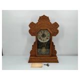 ANTIQUE OAK WITH WALNUT DOOR INGRAHAM ORNATE KITCHEN CLOCK