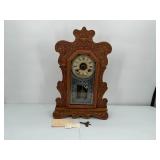 ANTIQUE OAK ORNATE MANTEL CLOCK WITH ALARM