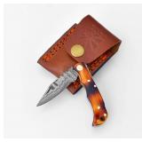 Compact Edc Pocket Knife Damascus & Leather Sheath