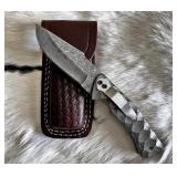 Damascus Steel Folding Knife w/ Sheath NEW