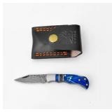 Compact Edc Damascus Steel Knife & Leather Sheath