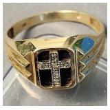 10k Gold Cross Ring 2.7 Dwt. Onyx And Diamond