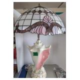 Ceramic Seashell Table Lamp, Stained Glass Shade.