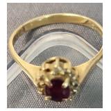 14k Gold Ruby Ring With Diamond Chips 1.2 Dwt