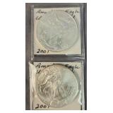 2 American Silver Eagle Coins 2001 Uncirculated