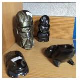 4 Carved Gold Sheen Obsidian Figurines. Man,