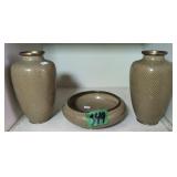 3 Pc Chinese Fish Scale Cloisonne Bowl, Vases