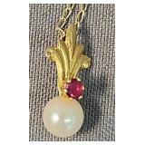14k Gold 16' Necklace Pearl Pendant Ruby 0.4 Dwt