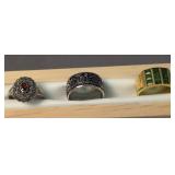3 Sterling Silver Rings. Aztec Design, Green