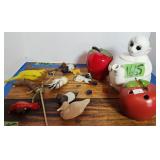 Seymour Man Monkey Teapot, Apple Covered Jar,