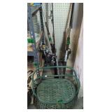 Fishing Rods Reels, Green Painted Basket. Langley