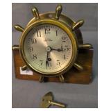 Brass Ship Wheel Clock W Wood Base. M Low New